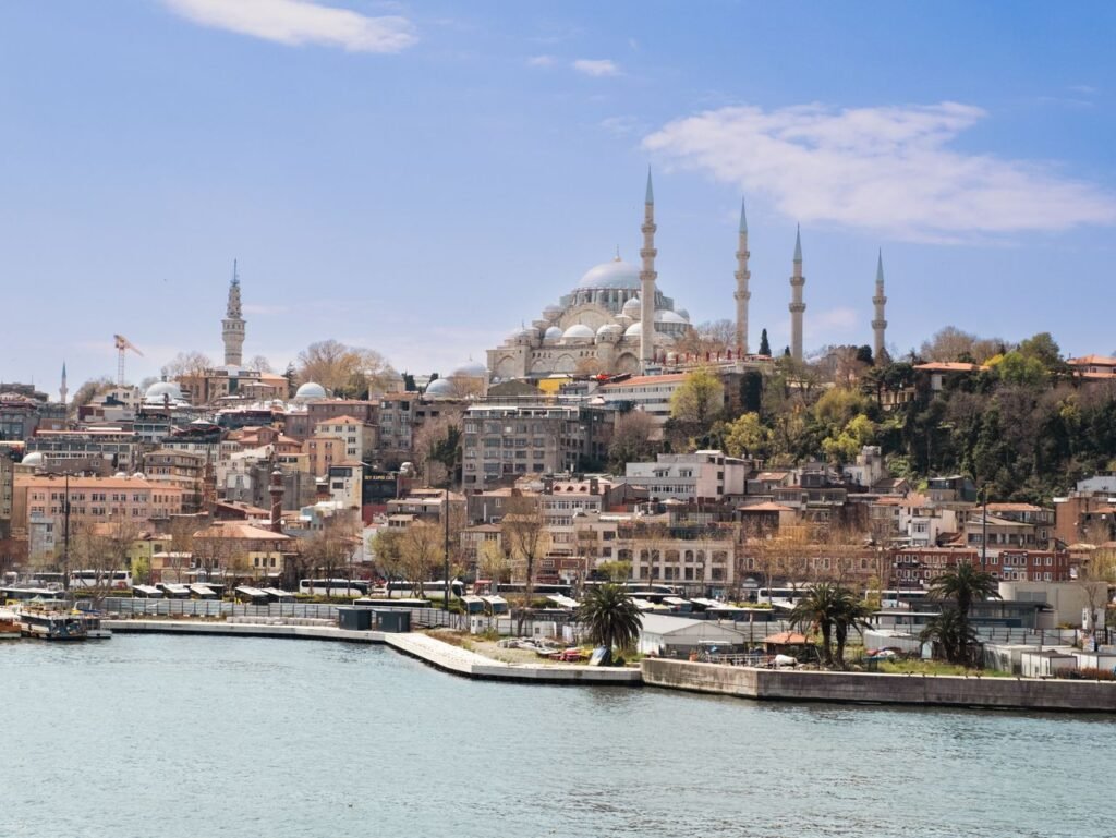 Scenic view of Istanbul cityscape featuring the grand Suleymaniye Mosque under a blue sky.